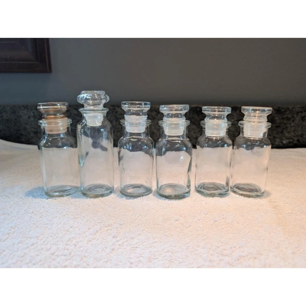 6 Vintage Clear Glass Apothecary Spice Jars/Bottles w/Stoppers Wagner Japan